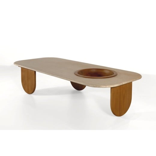 Mesa de Centro Nizhara II Tampo Retangular em Pedra Natural com Gamela Embutida em Madeira Tauari Design by M7 Estúdio