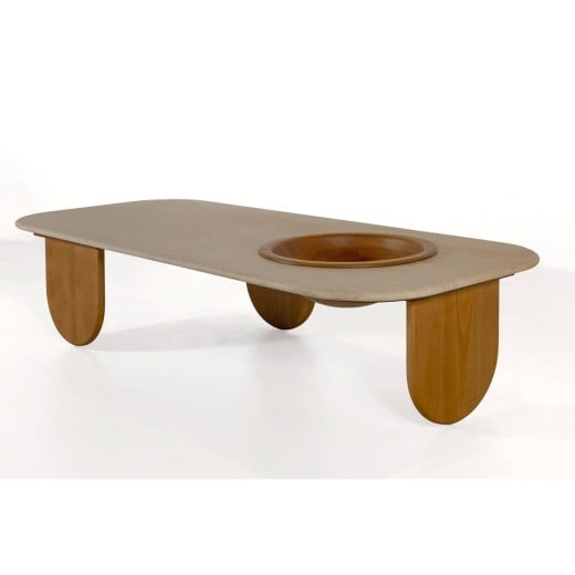 Mesa de Centro Nizhara II Tampo Retangular em Pedra Natural com Gamela Embutida em Madeira Tauari Design by M7 Estúdio