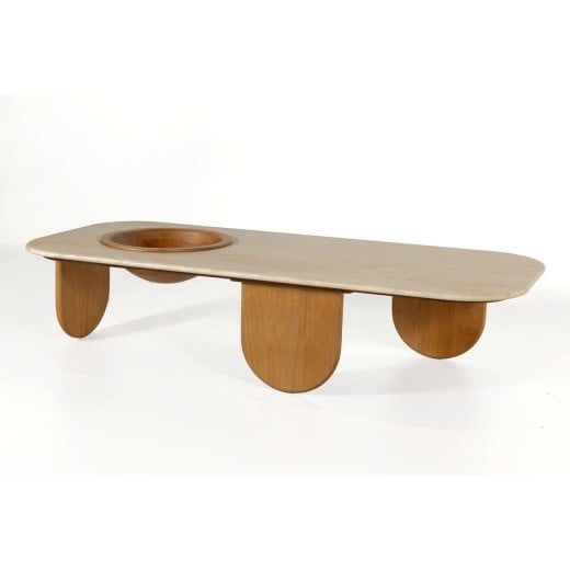 Mesa de Centro Nizhara II Tampo Retangular em Pedra Natural com Gamela Embutida em Madeira Tauari Design by M7 Estúdio