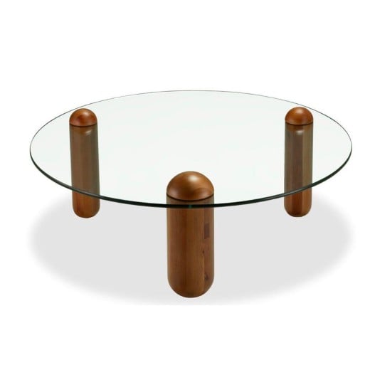 Mesa de Centro Obylon Vidro Tampo Redondo com Pés Cápsula em Madeira Maciça Design by Jonas Carnelossi