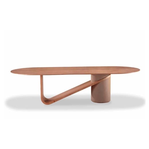 Mesa de Jantar Bellona Tampo Oblongo Estrutura em Lâmina de Carvalho Base Cilíndrica em Sabi Design by Ampezzan e Maciel Arquitetos