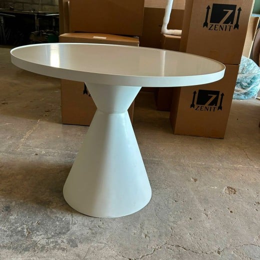 Mesa de Jantar Luanza Tampo Redondo Vidro Pintado com Aro Metálico Base Aço Carbono com Pintura Epóxi 