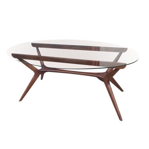 Mesa de Jantar Pé Palito Oval Tampo de Vidro Madeira Maciça Eucalipto Design Retrô