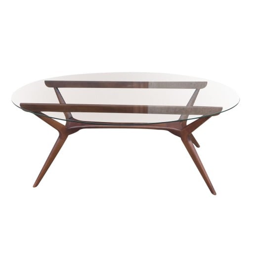Mesa de Jantar Pé Palito Oval Tampo de Vidro Madeira Maciça Eucalipto Design Retrô