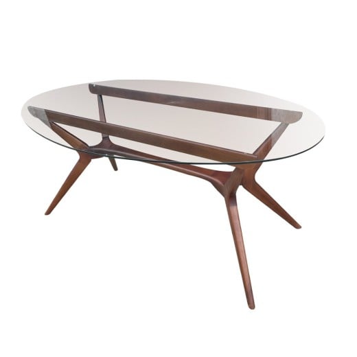 Mesa de Jantar Pé Palito Oval Tampo de Vidro Madeira Maciça Eucalipto Design Retrô