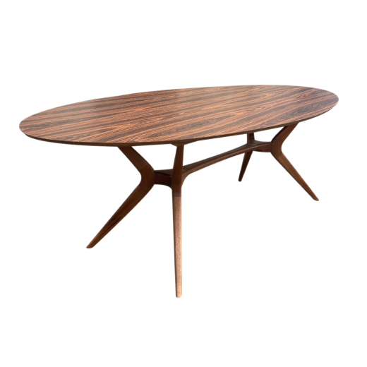 Mesa de Jantar Pé Palito Oval Tampo Pau Ferro Base Madeira Maciça Eucalipto Design Retrô