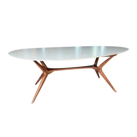 Mesa de Jantar Pé Palito Tampo Orgânico Pintura Laca Base Madeira Maciça Eucalipto Design Retrô