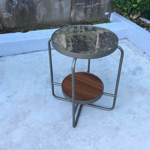 Mesa Lateral Camden Tampos Redondos em Espelho e Vidro Marmorizado Estrutura em Aço Carbono com Pintura Epóxi