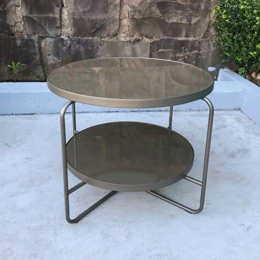 Mesa Lateral Camden Tampos Redondos em Espelho e Vidro Marmorizado Estrutura em Aço Carbono com Pintura Epóxi