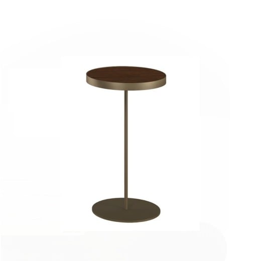 Mesa Lateral Castilla Redonda Tampo Madeira com Aro Metálico Haste e Base Disco em Aço Carbono com Pintura Epóxi 