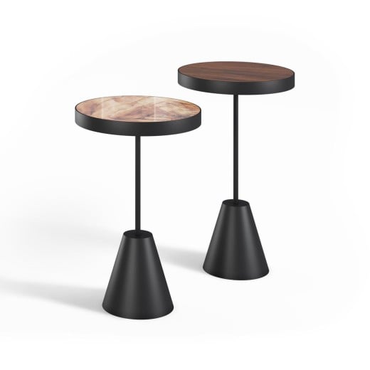 Mesa Lateral Emona Redonda Tampo Madeira com Aro Metálico Haste e Base Cônica Aço Carbono com Pintura Epóxi 