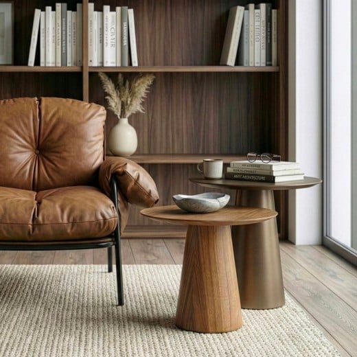 Mesa Lateral Jaxon Tampo Redondo e Base Cônica em Madeira Laminada Tingida