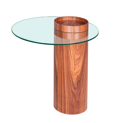 Mesa Lateral Pillar Tampo com Vidro Base Lâmina Natural de Madeira