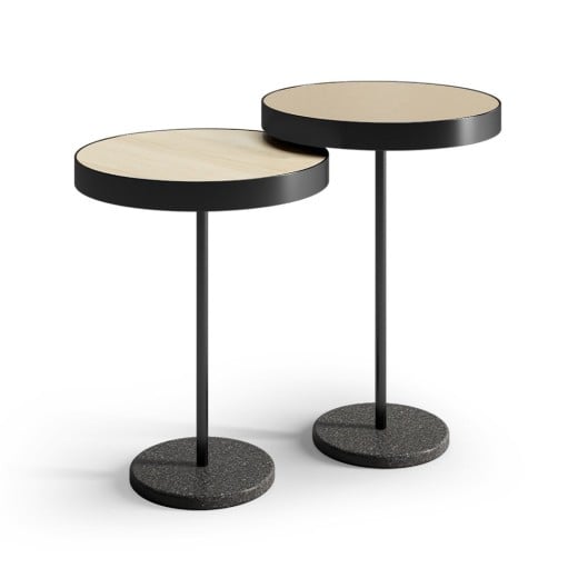 Mesa Lateral Zell Redonda Tampo Madeira Pintada com Aro Metálico Haste e Base Disco em Aço Carbono com Pintura Epóxi 