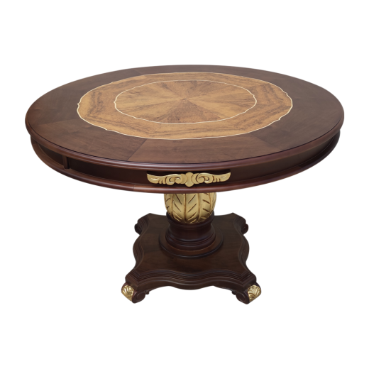 Mesa de Jantar Versalhes Redonda Detalhes em Marchetaria Madeira Eucalipto Design Clássico