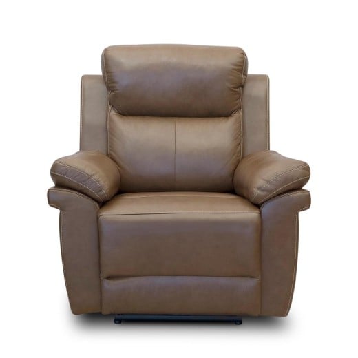 Poltrona Ravelle Couro Natural Reclinável Elétrica Power Estrutura Madeira de Lei Eucalipto Design Artesanal