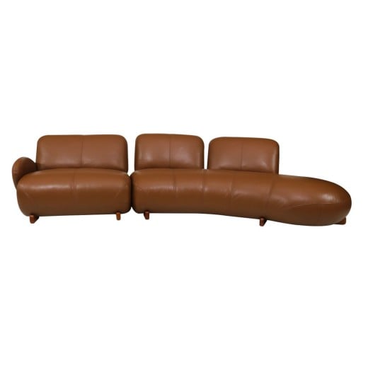 Sofá com Chaise Curva Columbia 2 Módulos em Couro Legítimo Pés em Madeira Maciça