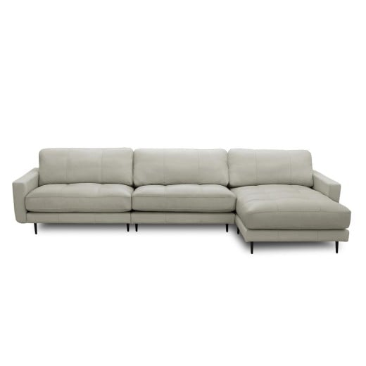 Sofá com Chaise Romulo 3 Módulos Couro Natural Almofadas Soltas Estrutura Madeira de Lei Eucalipto Pés em Aço Design Artesanal