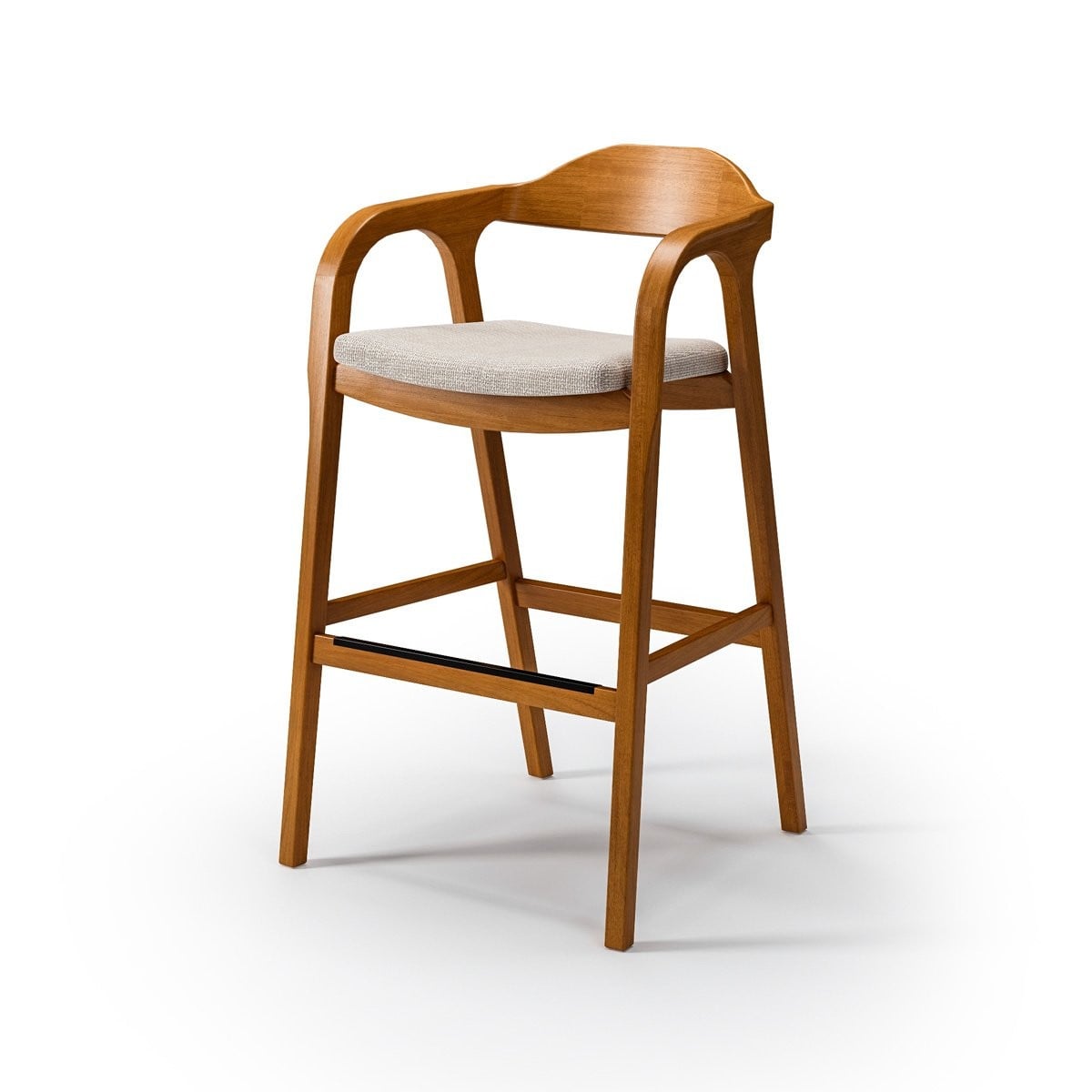 Banqueta Devany Assento Estofado Anatômico Encosto Curvo com Braços Integrados e Estrutura em Madeira Eucalipto Design Ramon Zancanaro