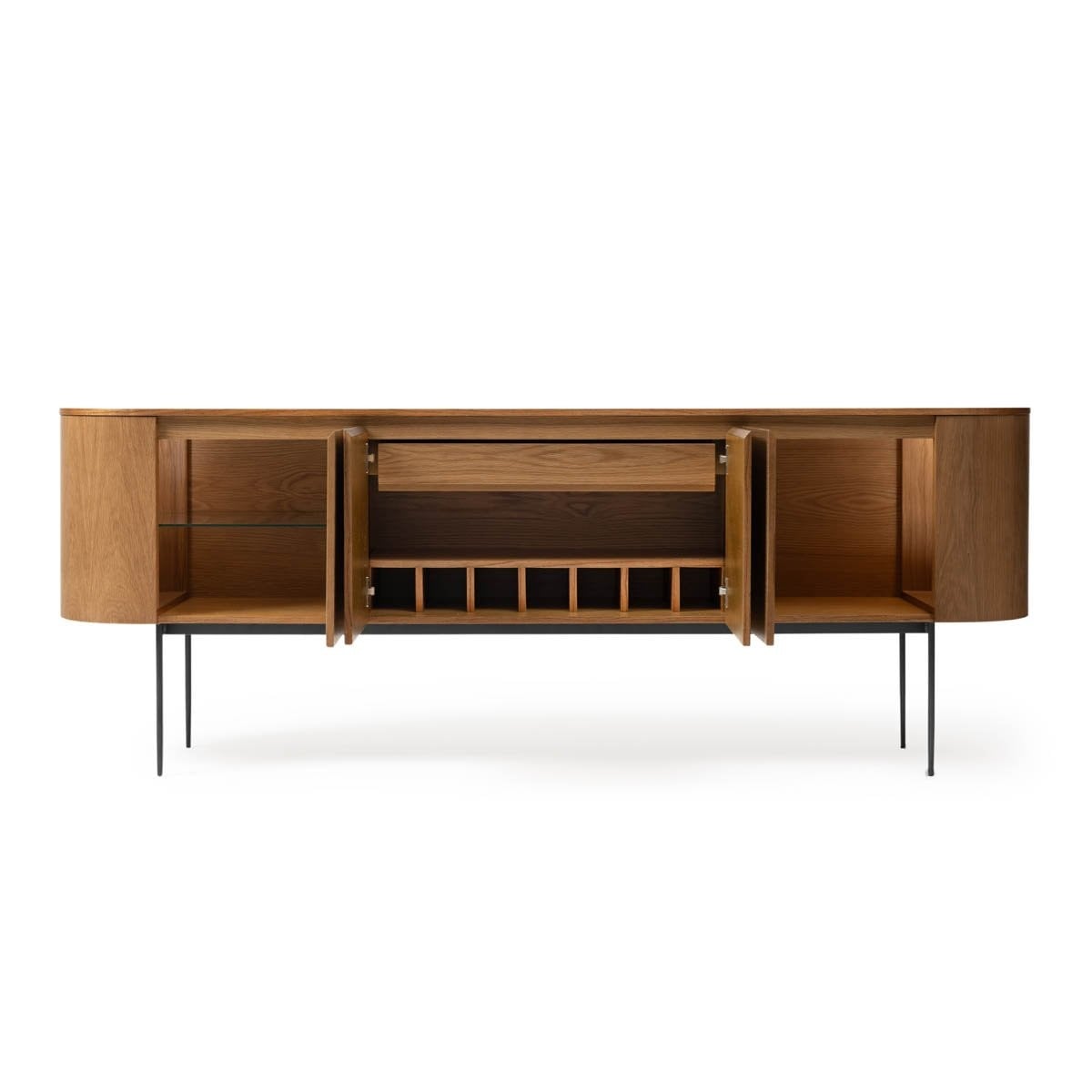 Buffet Nyllo 4 Portas Acabamento Lâmina de Madeira com Adega e Led Interno Pés Aço Carbono Design by Bruno Henrique Rodrigues