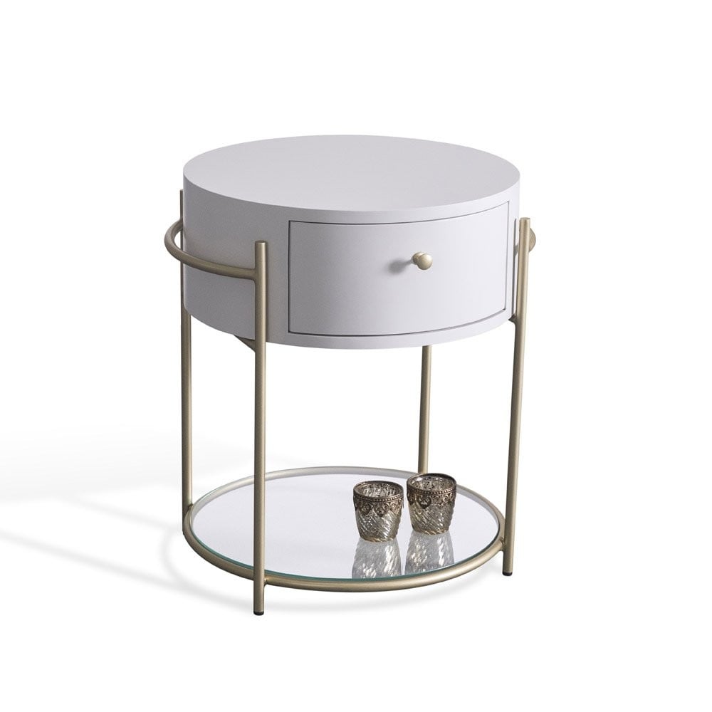 Mesa de Cabeceira Ari Redonda com Gaveta e Prateleira de Vidro Pintura Laca Fosca Base Aço Carbono Pintura Metalizada