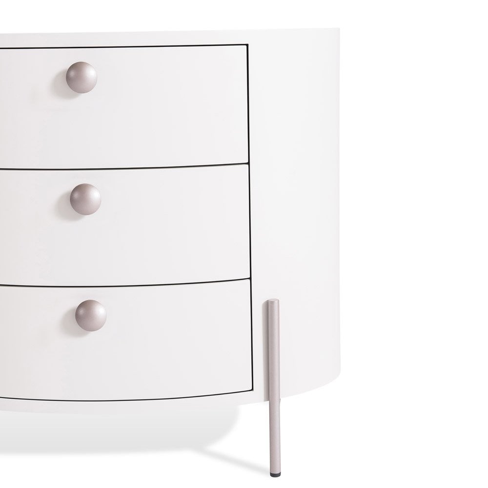Mesa de Cabeceira Thalassa Oval 3 Gavetas Pintura Laca Fosca Base Aço Carbono Pintura Metalizada
