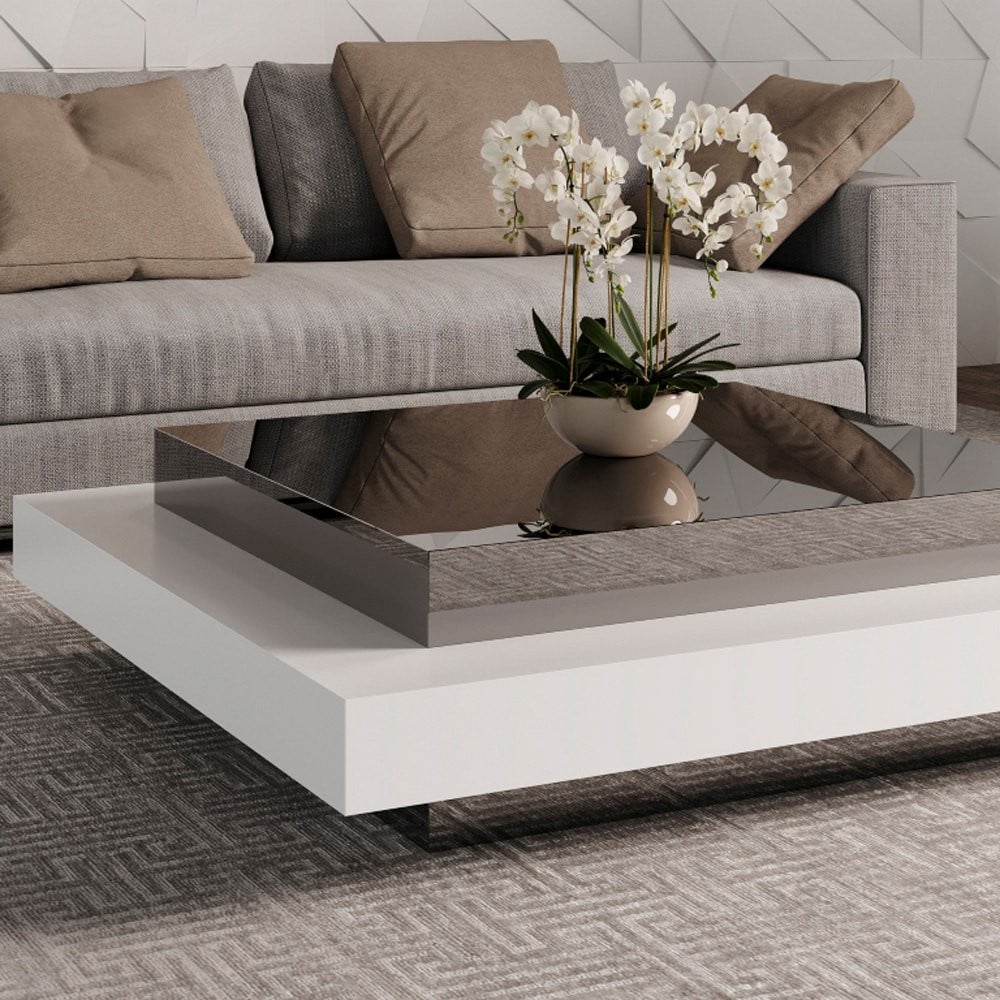 Mesa de Centro Cairo Retangular Acabamento em Vidro e Espelhada Design Contemporâneo