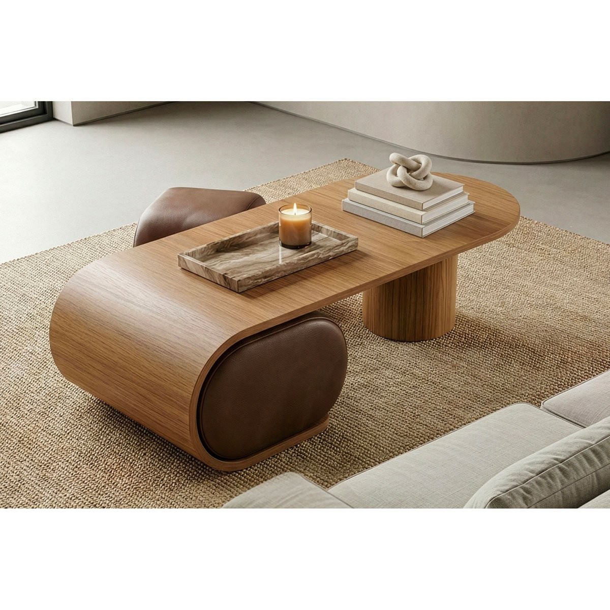 Mesa de Centro com Puff Kairós Estofado Design Orgânico em Madeira Laminada