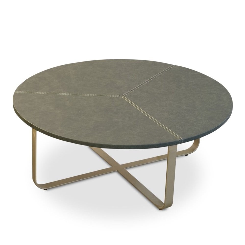 Mesa de Centro Haicon Redonda Tampo com Couro Natural Pés em Aço Design Artesanal
