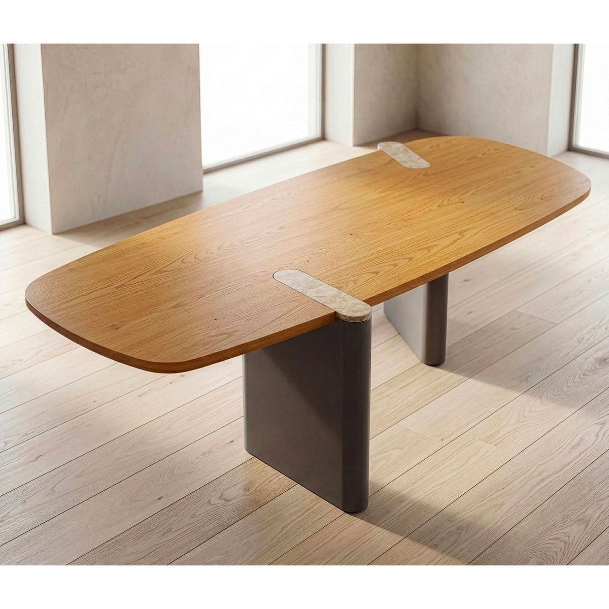 Mesa de Jantar Unire Tampo Orgânico em Lâmina de Carvalho Americano com Aplique em Pedra Natural Base em Laca