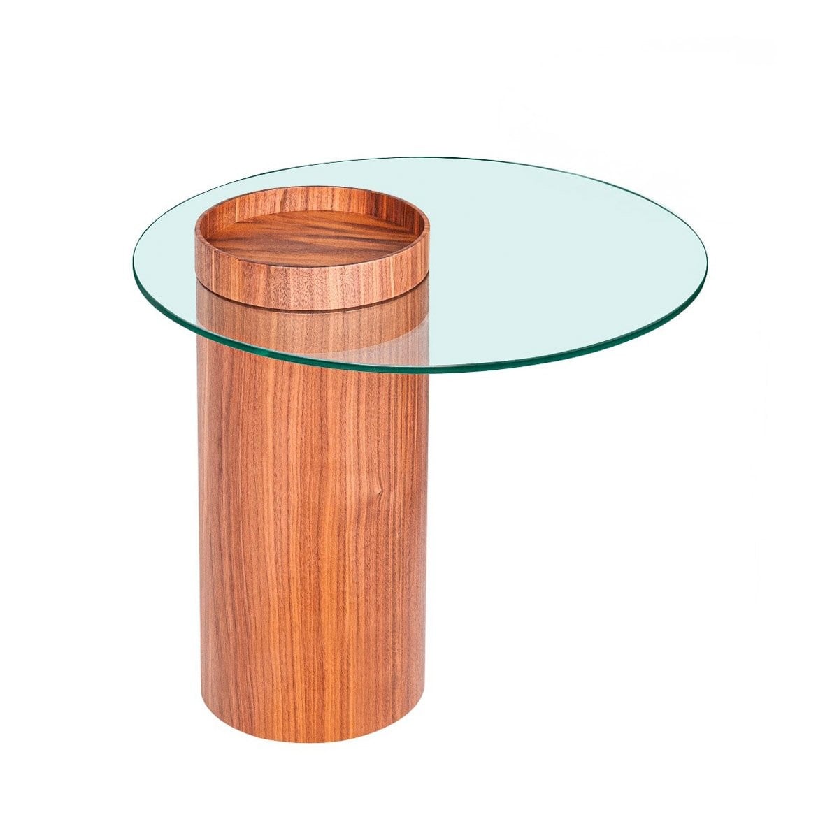 Mesa Lateral Pillar Tampo com Vidro Base Lâmina Natural de Madeira